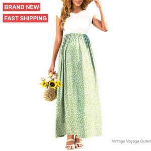 Maternity Maxi Dress with Pockets Ribbed Cap Sleeve A-Line